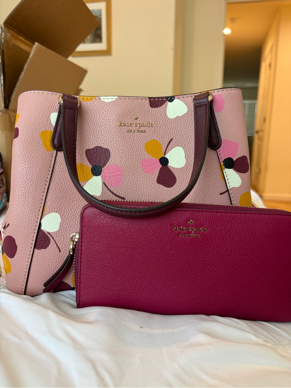 Kate Spade Medium Triple Compartment Satchel Jackson Dusk Buds Pink & wallet